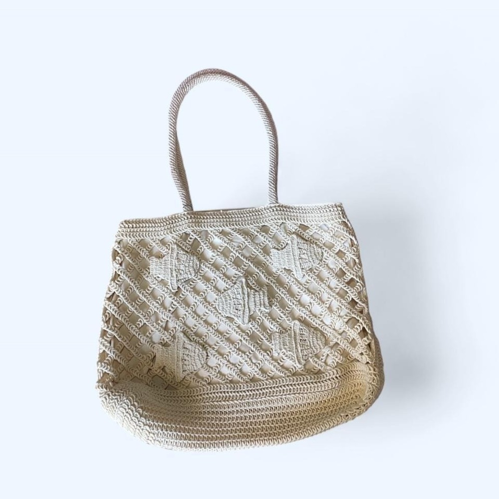 Talbots cream crochet tote bag with fish motif